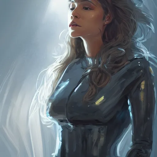 Prompt: Portrait of a woman by Greg Rutkowski, she is about 30 years old, mulato, long wavy hair, attractive and beautiful, she is wearing a futuristic lawyer outfit, highly detailed portrait, scifi, digital painting, artstation, concept art, smooth, sharp foccus ilustration, Artstation HQ