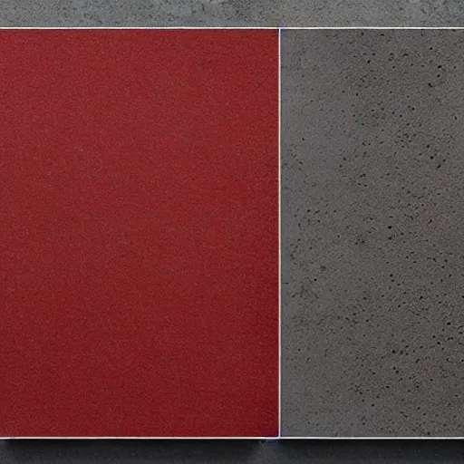 Prompt: material sample board combining concrete, red painted metal, oak, plants, dark grey carpet, architectural finishes