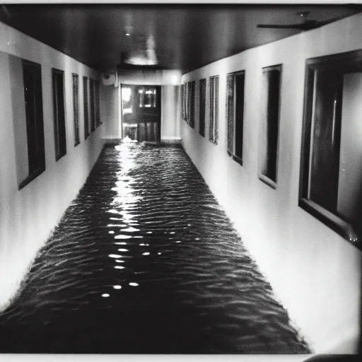 Image similar to a flooded hotel hallway at night, dark, dim, no light, underexposed, old polaroid,