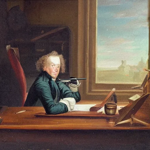 Image similar to 18th century painting of a man sitting at his desk, frustrated with his computer, oil painting, very detailed, 4k