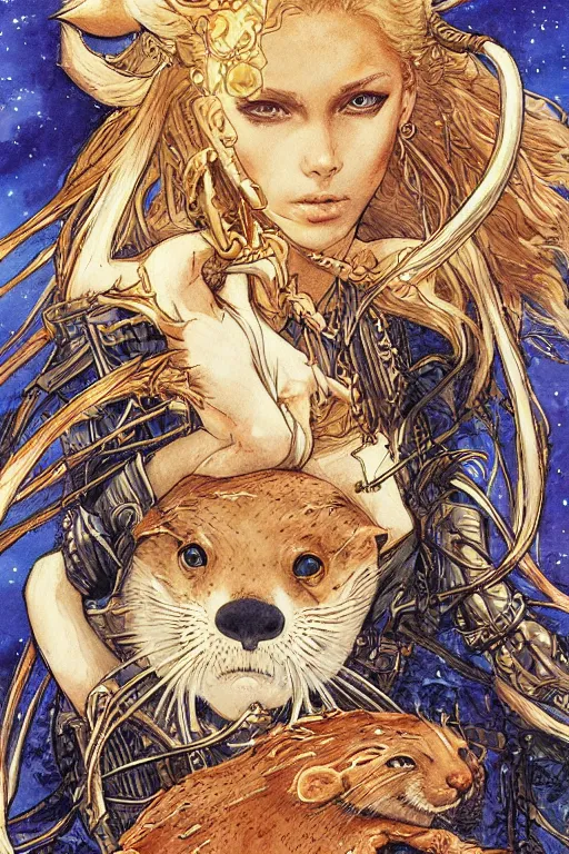 Image similar to Rider-Waite Tarot card: The Lady and the Otter, illustrated by Ayami Kojima, artstation, concept art, 4k