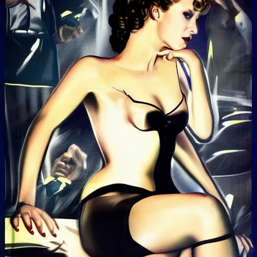 Image similar to cindy crowford cinematic pose on a pin - up thriller poster