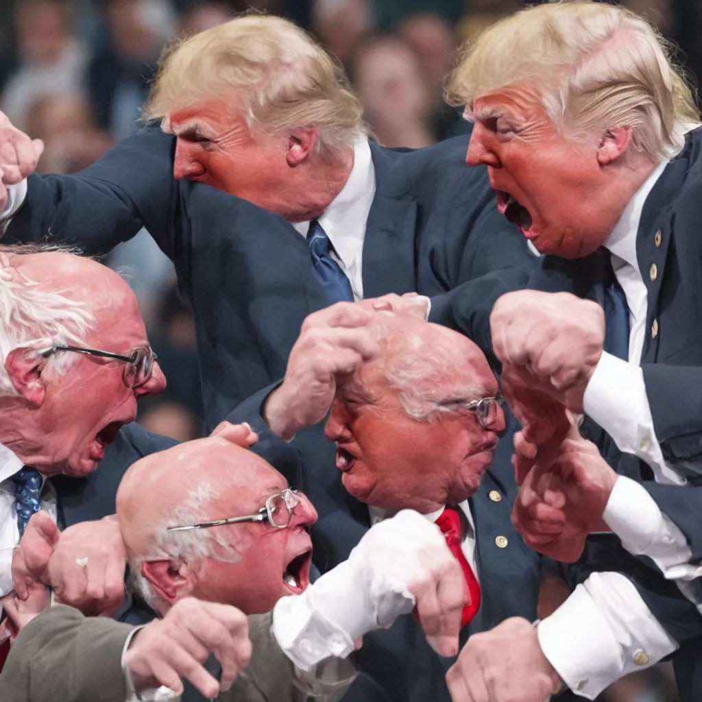 Image similar to Angry Bernie Sanders punching Donald Trump in the face, HD 4K photorealistic