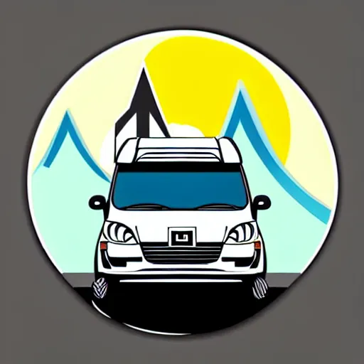 Image similar to a white and black cute thor chateau! motorhome camper!!, highway, mountains and sunset!!, very happy, colorful minimal vector art sticker by tom whalen