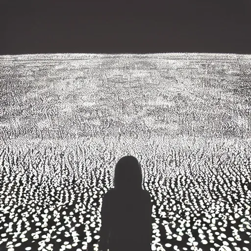 Prompt: a woman standing on steps in a field at night, a hologram by kusama, instagram, optical illusion, full body, ultra hd, neon