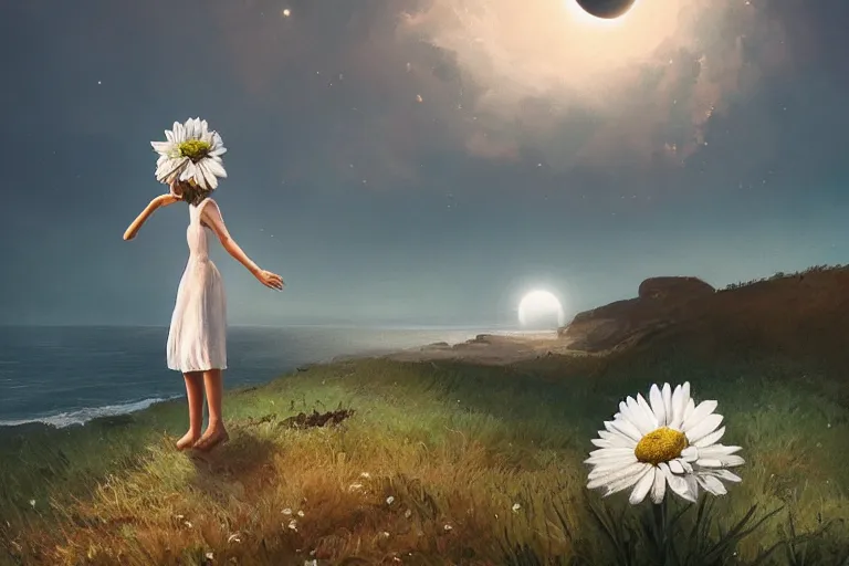 Prompt: giant white daisy flower under the head, girl walking on cliff, surreal photography, solar eclipse, milky way, dramatic light, impressionist painting, clouds, digital painting, artstation, james gilleard, liam wong, jeremy mann, simon stalenhag