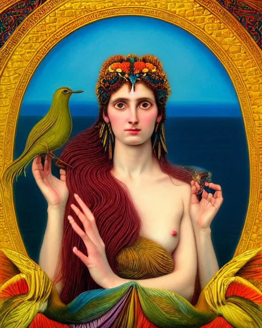 Prompt: portrait of the beautiful young goddess of birds, unusual beauty, etheric, outworldly colours, emotionally evoking symbolic metaphors, head in focus, fantasy, ornamental, intricate, elegant, highly detailed painting style photo, artstation, concept art, painterly, golden ratio, sharp focus, illustration, art by john william godward and leonora carrington,