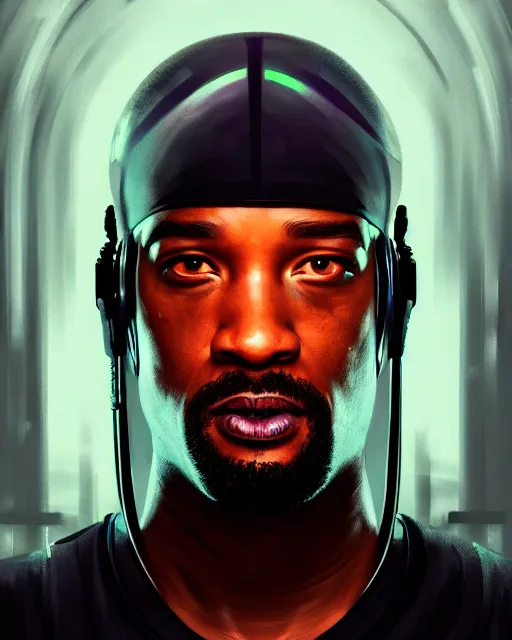 Prompt: portrait of cyberpunk will smith, grim - lighting, high - contrast, intricate, elegant, highly detailed, digital painting, artstation, concept art, smooth, sharp focus, illustration