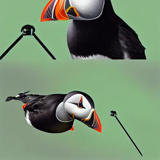 Image similar to realistic puffin sitting on a swing, hyper detailed, trending on artstation