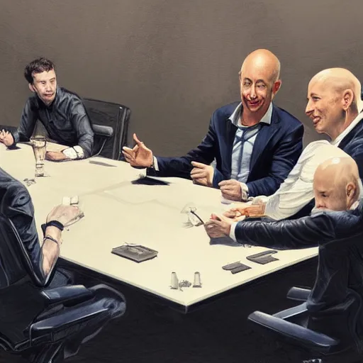 Image similar to portrait of elon musk, mark zuckerberg, jeff bezos, in meeting together, same table, very detailed, art contest winner on behance, trendy on deviant art, by by artgem, greg rutkowski