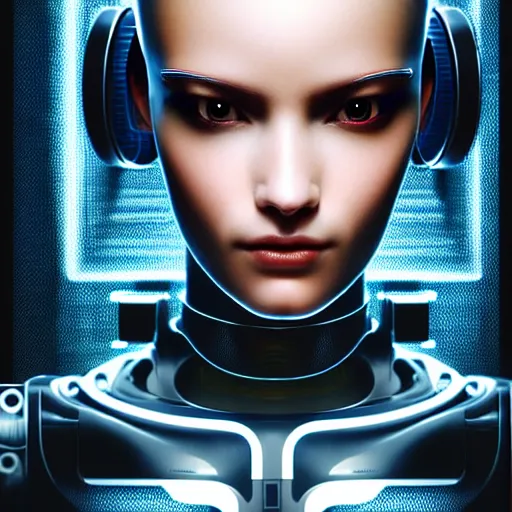 Image similar to ultra detailed, Perfectly-Centered Portrait of a Mechanical Cyberpunk Female Android, looking into the camera, intricate, elegant, super highly detailed, professional digital painting, artstation, concept art, smooth, sharp focus, no blur, no dof, extreme illustration, Unreal Engine 5, Photorealism, 8k, cinematic, art by artgerm and greg rutkowski and alphonse mucha and loish and WLOP