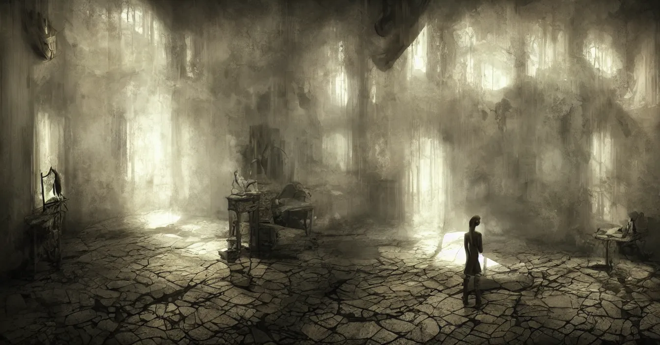 Image similar to looking through the mirror from dark dimension of silence, where is absolute peace and quiet around, beautiful digital art, contrast shading, unreal engine, vray, style of santiago caruso
