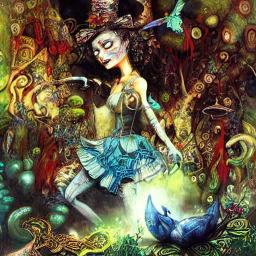 Image similar to alice in wonderland tripping on ayahuasca, intricate detail, painting, royo, frazetta, whealan,