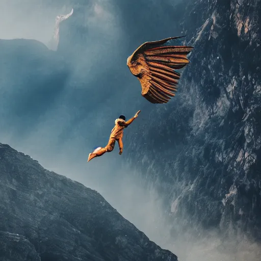 Image similar to winged man, flying over a mountain, dramatic lighting, 4 k, photography, award winning photo