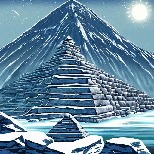 Image similar to ancient digital art, trending on artstation, civilization from antarctica worshiping their god in front of an iced pyramid.