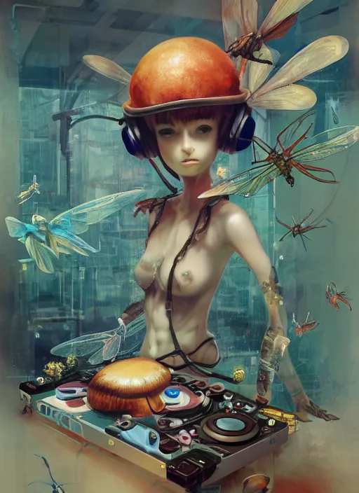 Image similar to surreal gouache painting, by yoshitaka amano, by ruan jia, by Conrad roset, by good smile company, detailed anime 3d render of a wild mushroom Surrounded by a magical dragonfly and a big DJ Mixer, deck, portrait, cgsociety, artstation, rococo mechanical and Digital and electronic, dieselpunk atmosphere