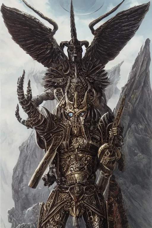 Image similar to full body concept art of baphomet wearing ancient roman armor made with porcelain by Jeff Easley and Peter Elson + beautiful eyes, beautiful face + symmetry face + galaxy + gothic, surreal, dread + highly detailed, intricate complexity, epic composition, magical atmosphere + masterpiece, award winning + trending on artstation