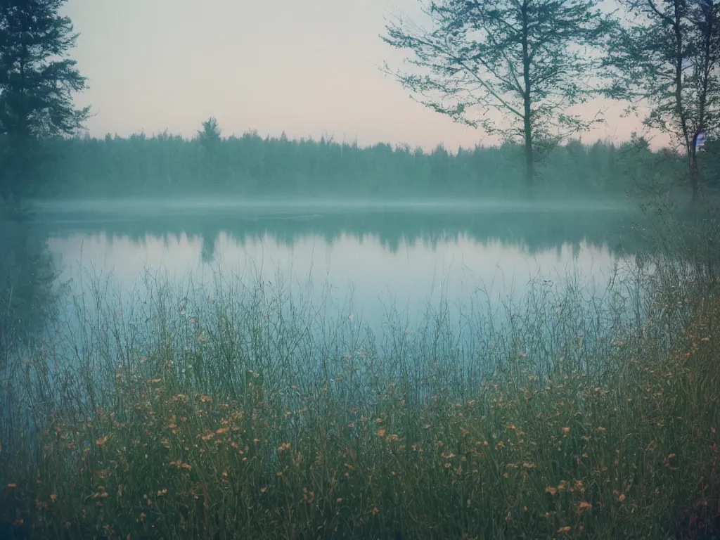 Prompt: a high quality faded kodak fuji analog film photograph of a dusty floral alien environment next to a lake. ambient lighting. extremely wide angle. morning haze, dew. floating particles. - n 4