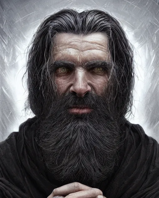 Image similar to portrait of a 6 0 - year - old giant man with long tangles of bushy black hair and beard hiding most of his face, wearing in black cloak, hyper realistic face, beautiful eyes, character art, art by mark brooks, hyperdetailed, cryengine, trending on artstation, digital art