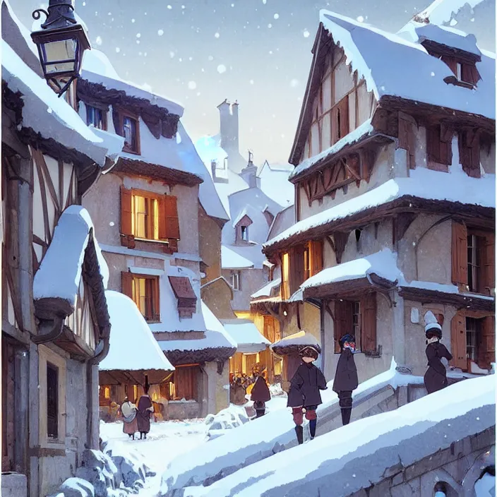 Image similar to french rural town, winter, in the style of studio ghibli, j. c. leyendecker, greg rutkowski, artem