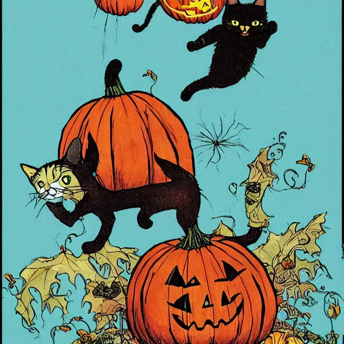 Image similar to cat jumping out of a pumpkin by todd mcfarlane and tim burton