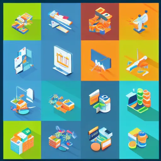 Prompt: a marketing isometric 3 d icons, 8 k resolution, vector image, stock vector icons - c 1 9. 0