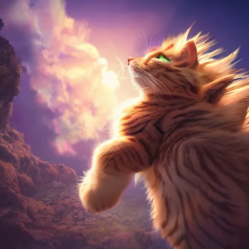 Image similar to colossal fluffy tabby cat going super saiyan, golden hour, fantasy, sharp focus, digital art, hyper realistic, 4 k, unreal engine, highly detailed, hd, dramatic lighting by brom, trending on artstation