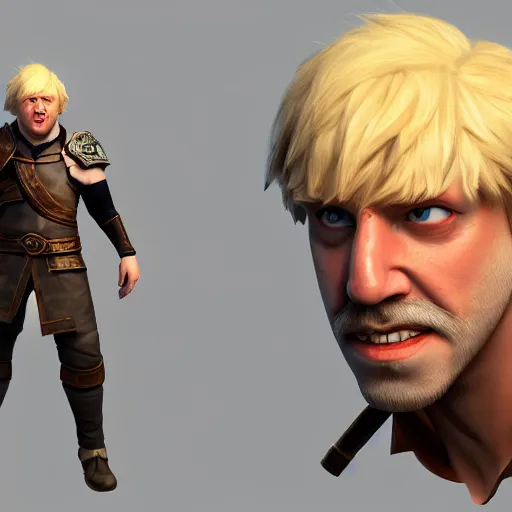 Image similar to character sheet of boris johnson as leage of legend hero, with a backgroud based on the game league of legends, 3d render, octance render, trending on artstation, ultra realistic, highly detailed, unreal engine 5