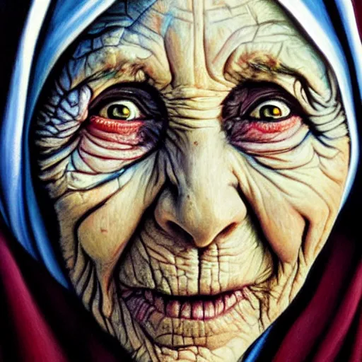 Prompt: a hyperrealistic painting of mother theresa as a zombie buy jason edmiston, hd, sharp focus,