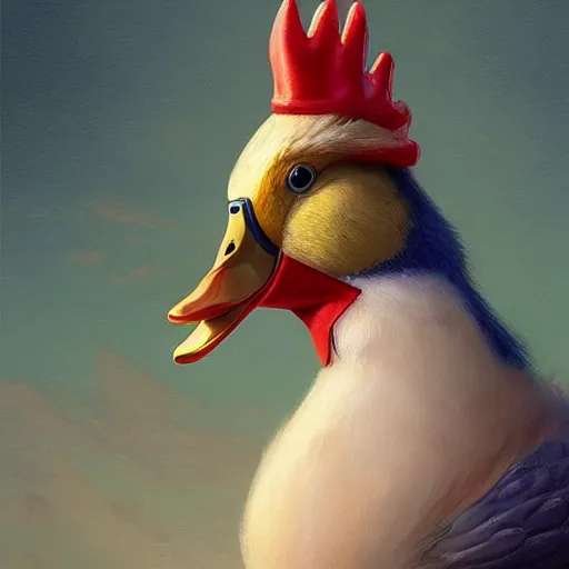 Image similar to epic cinematic hyperrealism masterpiece where a duck with a rapper rooster crest appears with headphones. realistic poster with shaded lighting by craig mallismo, artgerm, jeremy lipkin and michael garmash, unreal engine, radiant light, detailed and complex environment, digital art, art station trends