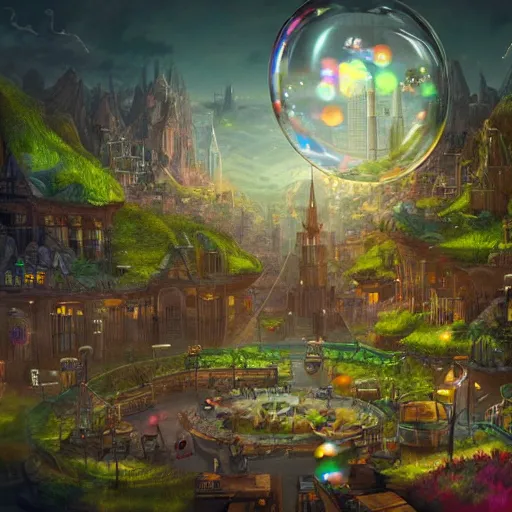 Image similar to a bubble terrarium utopia, with cities galore, dynamic lighting, fantasy concept art, trending on art station, stunning visuals, creative, cinematic, ultra detailed