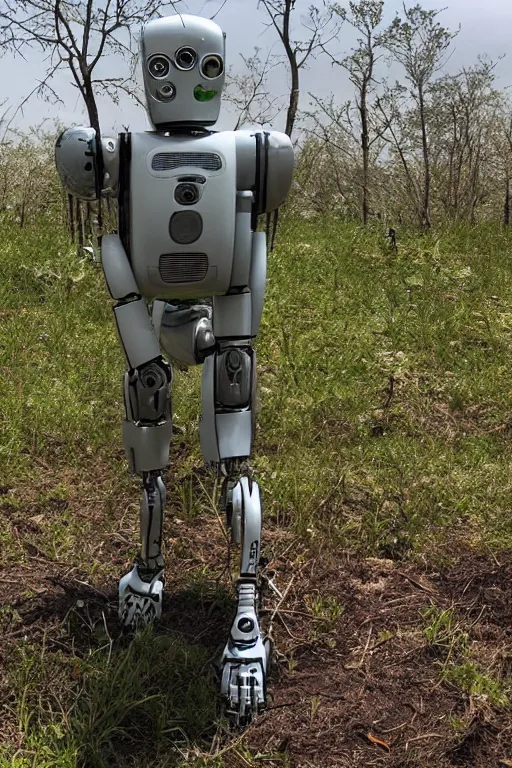 Prompt: A robot reclaimed_by vegetation in a post apocalyptic world