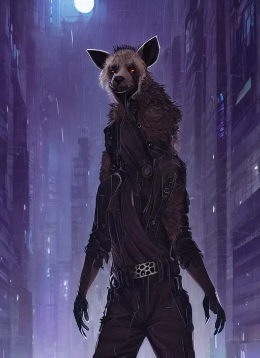 Prompt: beautiful portrait commission of a male furry anthro hyena fursona wearing cyberpunk jedi robes in a cyberpunk city at night in the rain. character design by charlie bowater, ross tran, artgerm, and makoto shinkai, detailed, inked, western comic book art