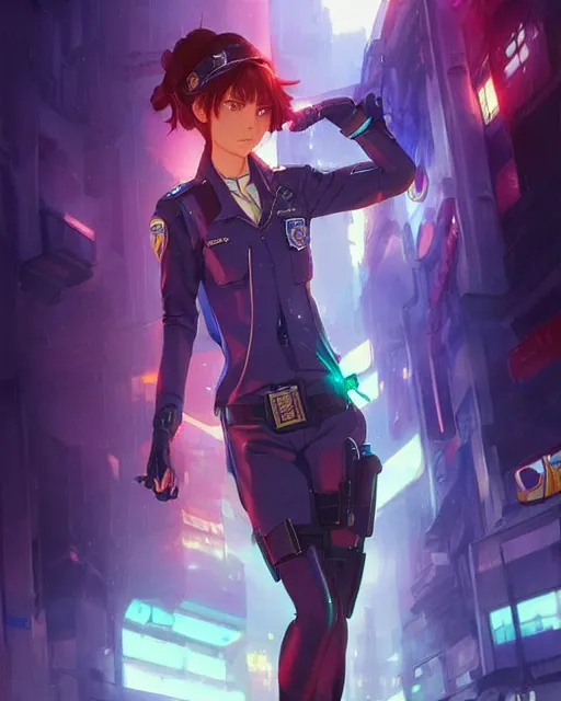 Prompt: anime key visual of a young elizabeth olzen as a police officer, neon, cyberpunk, futuristic, stunning, highly detailed, digital painting, artstation, smooth, soft focus, illustration, art by artgerm and greg rutkowski and alphonse mucha
