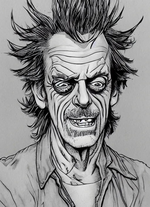Prompt: christopher lloyd as rick sanchez, by steampoweredmikej, by tim bradstreet, inktober, ink drawing, black and white, coloring pages, manga, highly detailed