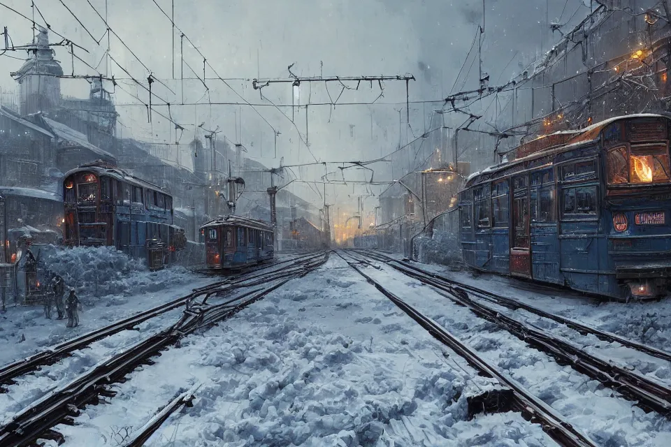 Image similar to highly detailed painting of dieselpunk stockholm, winter, snow, tram on rail tracks, wires, dystopia, by greg rutkowski, by raphael lacoste, 4 k resolution, trending on artstation