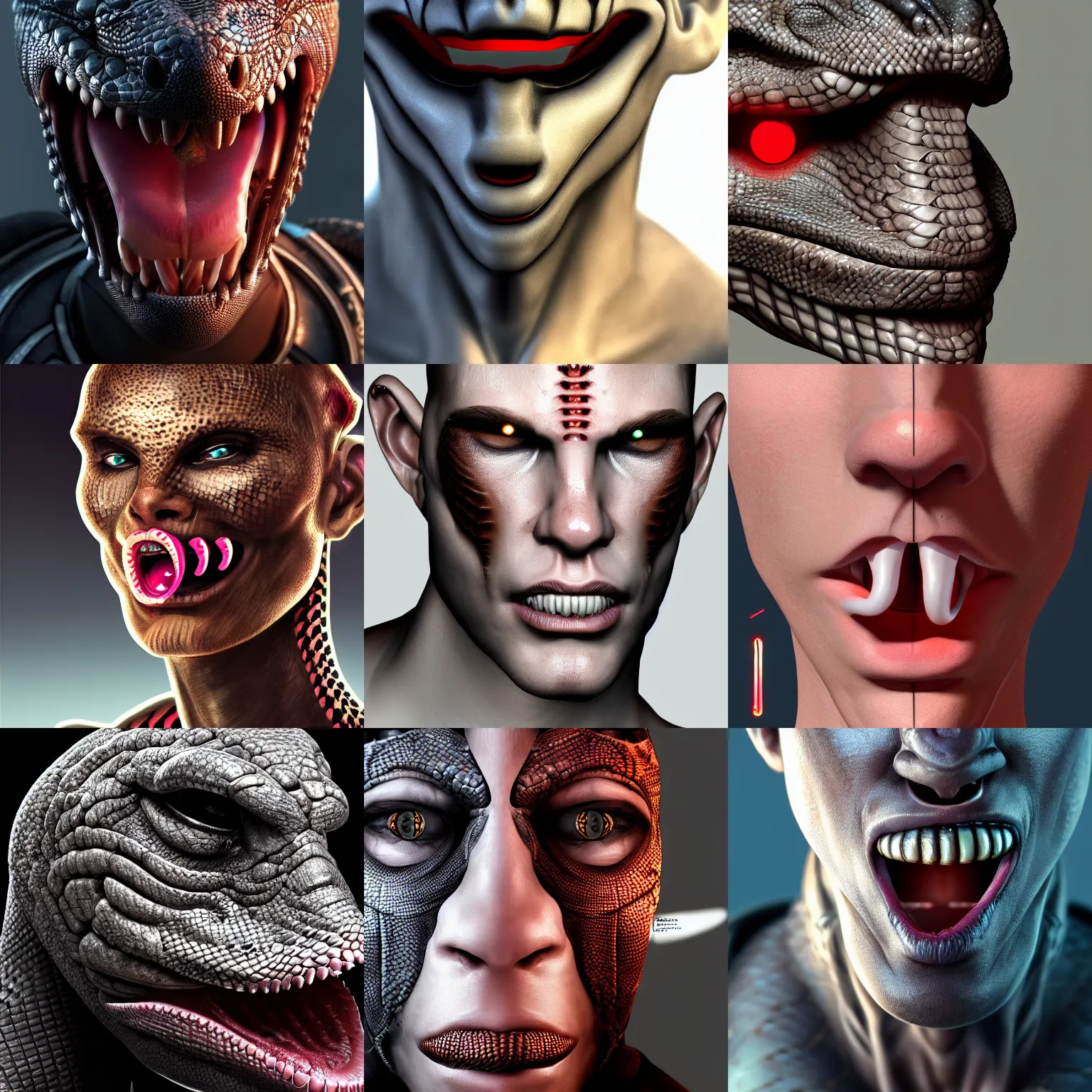Prompt: human male with snake eyes and a long lizard tongue, digital art, concept art, face close up, trending on artstation, very detailed, 8 k hd