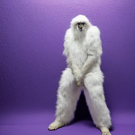 Image similar to a photo of a white fur monster standing in a purple room