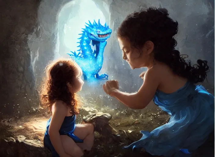 Image similar to a cute little girl with curly brown hair and blue eyes befriends a tiny sparkling blue baby dragon, beautiful fantasy art by greg rutkowski.