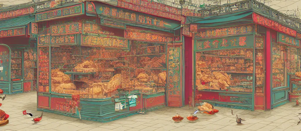 Prompt: a beautiful hyperdetailed render of roasted duck small shop, simple style, from china, with merchant logo, simple structure, surrealistic, chinese style, victo ngai, james jean, denoise, deblurring