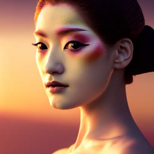 Prompt: photographic portrait of a stunningly beautiful renaissance female with geisha makeup in soft dreamy light at sunset, contemporary fashion shoot, by edward robert hughes, annie leibovitz and steve mccurry, david lazar, jimmy nelsson, breathtaking, 8 k resolution, extremely detailed, beautiful, establishing shot, artistic, hyperrealistic, beautiful face, octane render