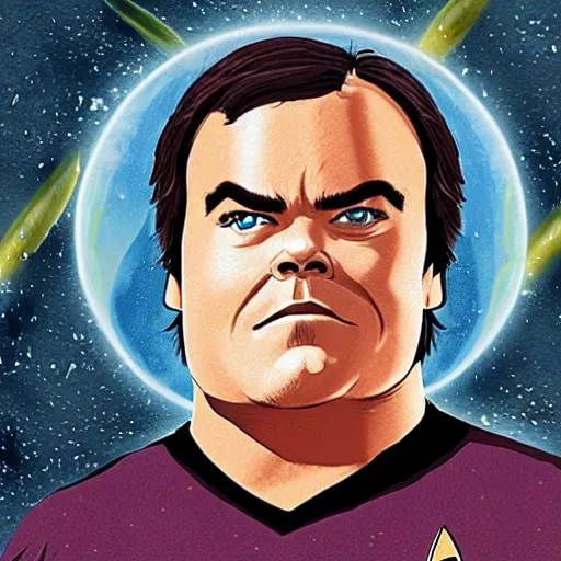 Prompt: jack black as a character in star trek tos, illustrated poster