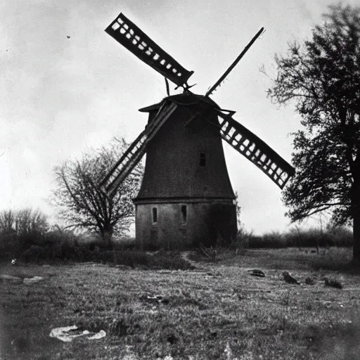 Image similar to 1800s photo of a dilapidated windmill