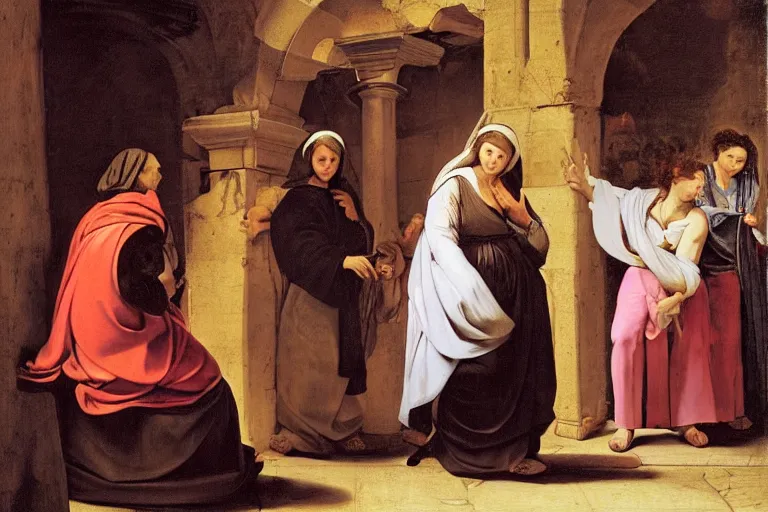 Image similar to 3 women at the tomb of jesus, caravaggio, rubens, pieter de hooch, ary scheffer