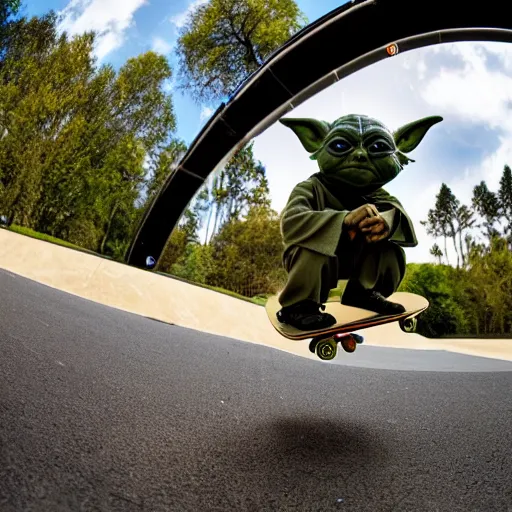 Image similar to Yoda skateboarding towards the camera, photograph, fisheye lens