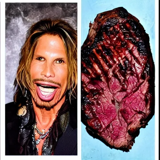 Image similar to steven tyler's face on a juicy tbone steak