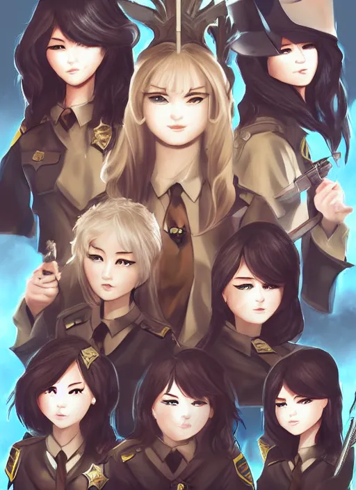 Image similar to full size persona, female sheriff, detailed faces, blank faces, style by huyy nguyen, art by huyy nguyen, demon slayer rui fanart