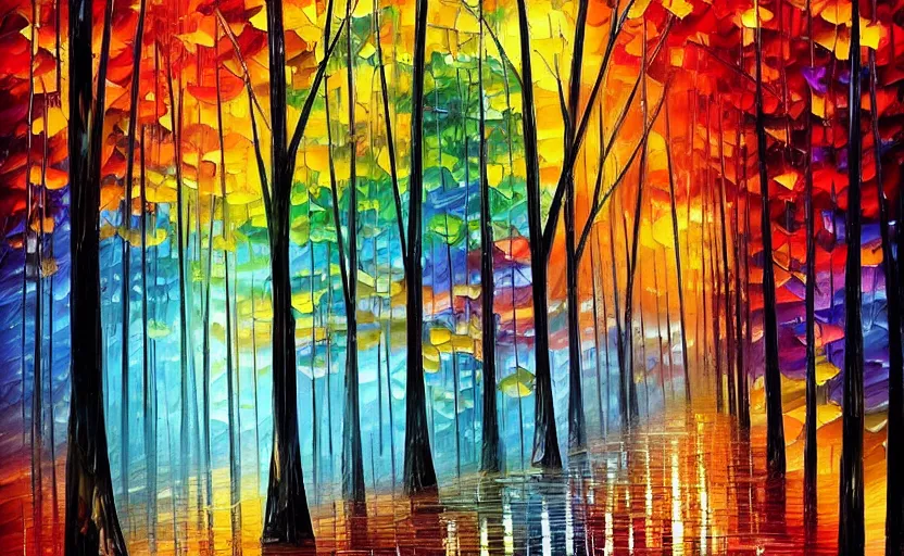 Image similar to psychedelic candy!!!!!!! forest in the rain by leoni afremov, oil painting!!!, intricate details!!!!, fine brush!!!!!!
