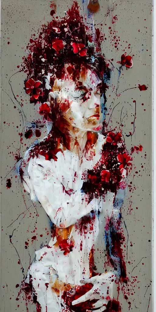 Image similar to “art in an Australian artist’s apartment, portrait of a woman wearing loose white cotton clothing, stained with fresh berries and maple syrup, edible flowers, acrylic and spray paint and oilstick on canvas”