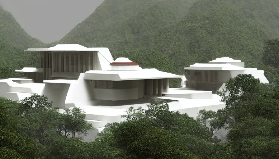 Prompt: white temple house inspired by tibetan and modernist architecture, on a green hill, overlooking a valley with trees, frank lloyd wright, realistic render, birdseye view